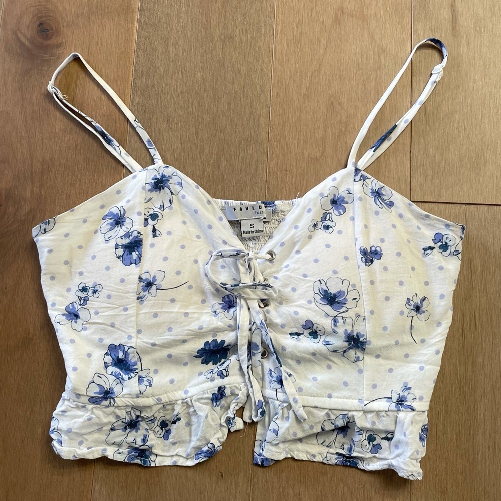 White and blue floral crop top tank